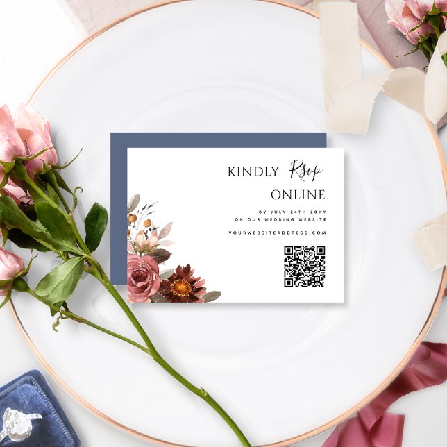 QR Code Wedding RSVP Online Burgundy and Blue Enclosure Card (Creator Uploaded)
