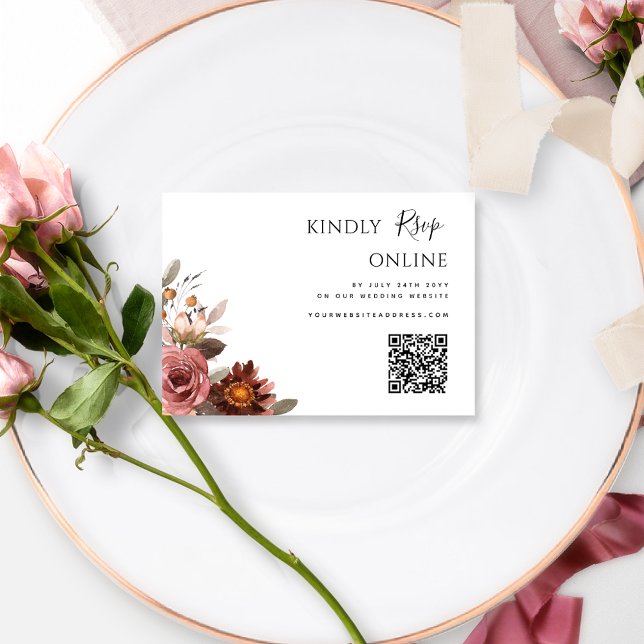 QR Code Wedding RSVP Online Burgundy Blush Floral Enclosure Card (Creator Uploaded)