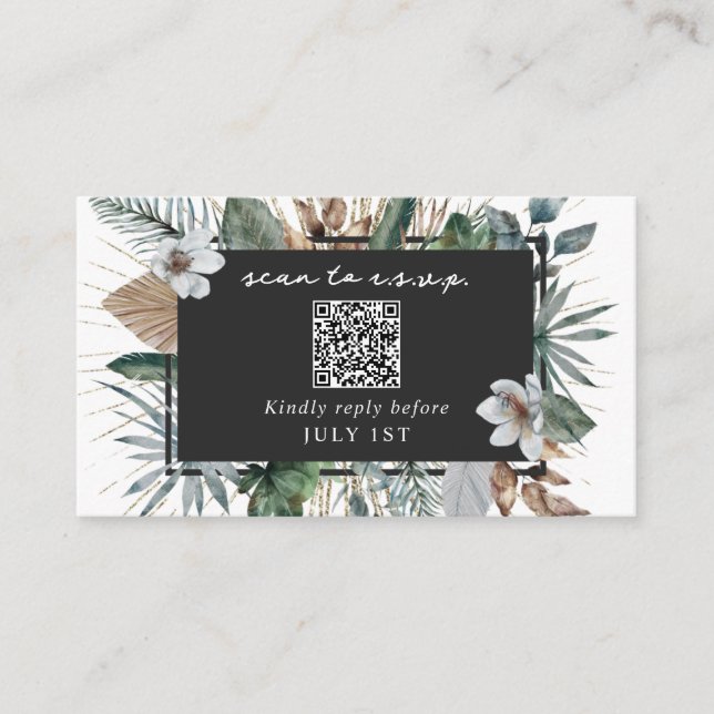 QR Code Wedding RSVP Tropical Botanical Enclosure  Card (Front)