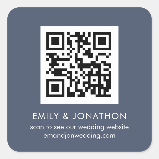 QR Code Wedding Website Names Dusty Navy Blue Square Sticker (Front)