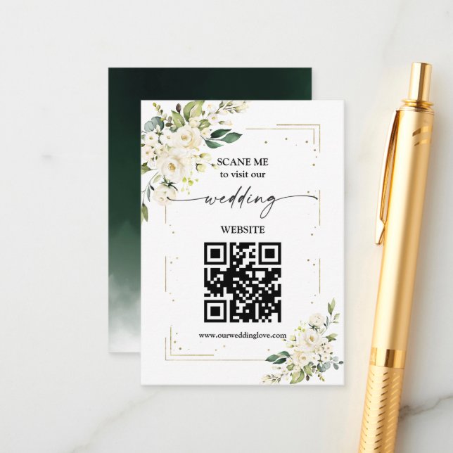 QR Code Wedding Website White Floral Gold  Enclosu Enclosure Card (Front/Back In Situ)