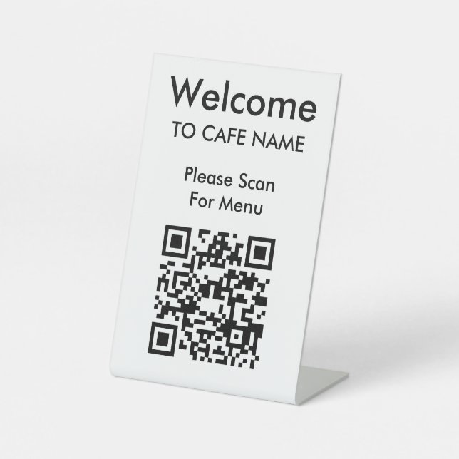 QR Code Welcome Cafe Restaurant Menu White Pedestal Sign (Front)