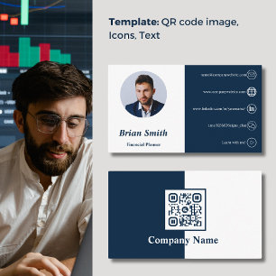 QR Code White and Blue Financial Planner  Business Card