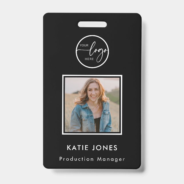 QR Code White Black Custom Logo Employee Photo ID Badge (Front)