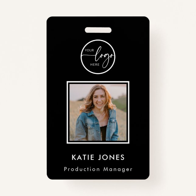 QR Code White Black Custom Logo Employee Photo ID ID Badge (Front)