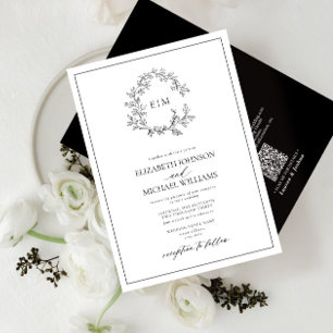 QR Code White Black Leafy Crest Monogram Wedding Invitation