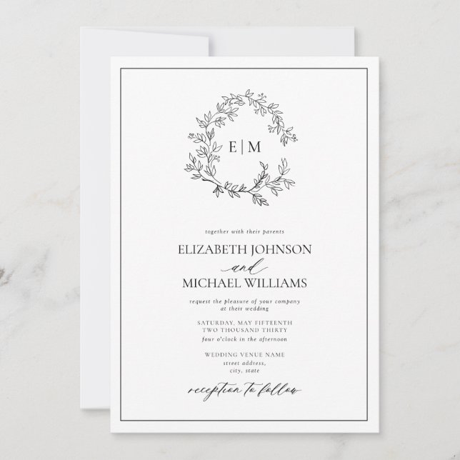 QR Code White Black Leafy Crest Monogram Wedding Invitation (Front)