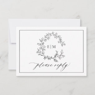 QR Code White Black Leafy Crest Monogram Wedding RSVP Card