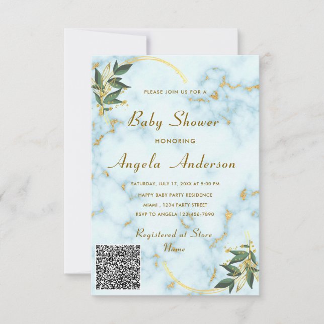 QR Code White Gold Marble Baby Shower Invitation (Front)