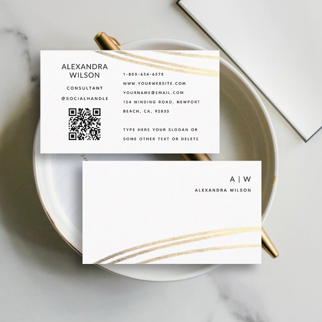QR Code White Gold Signature Simple Professional Business Card (simple elegant professional  generic business card black white gold qr code website monogram sleek)