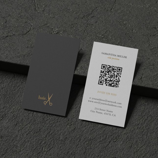QR Code White Grey Gold Minimalistic Hair Business Card (Creator Uploaded)