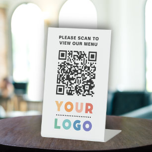 QR Code White Menu Logo Contactless Modern Cafe Pedestal Sign