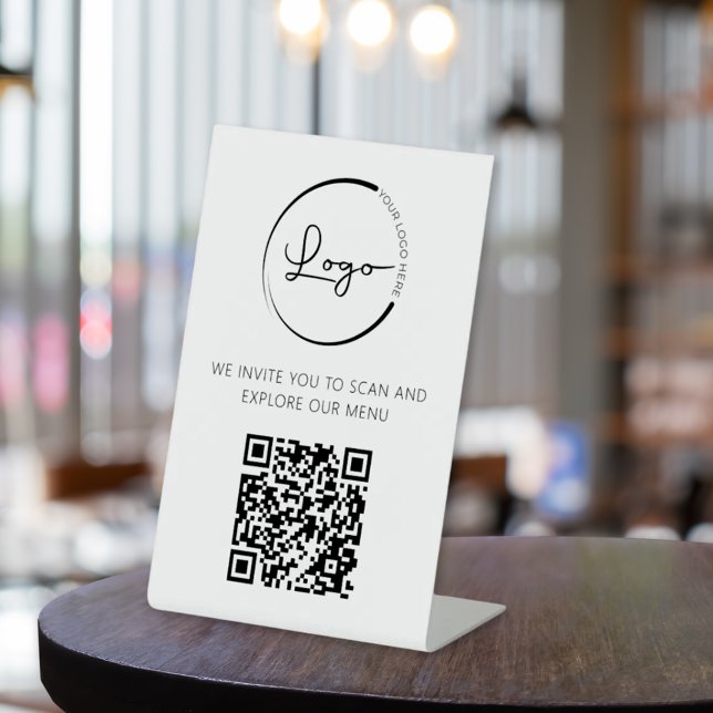 QR Code White Menu Logo Modern Restaurant Pedestal Sign (Creator Uploaded)