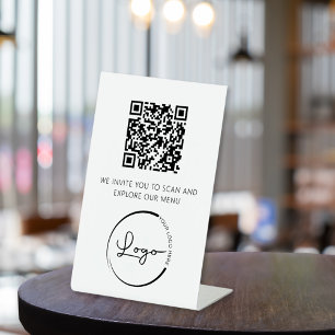 QR Code White Menu Logo Modern Restaurant Pedestal Sign