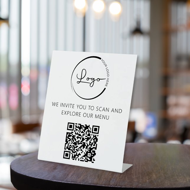 QR Code White Menu Logo Modern Restaurant Pedestal Sign (Creator Uploaded)