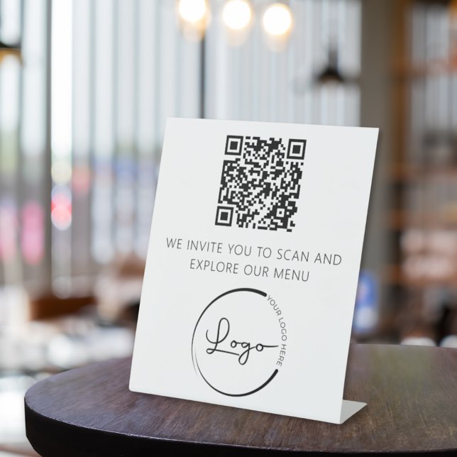 QR Code White Menu Logo Modern Restaurant Pedestal Sign (Creator Uploaded)