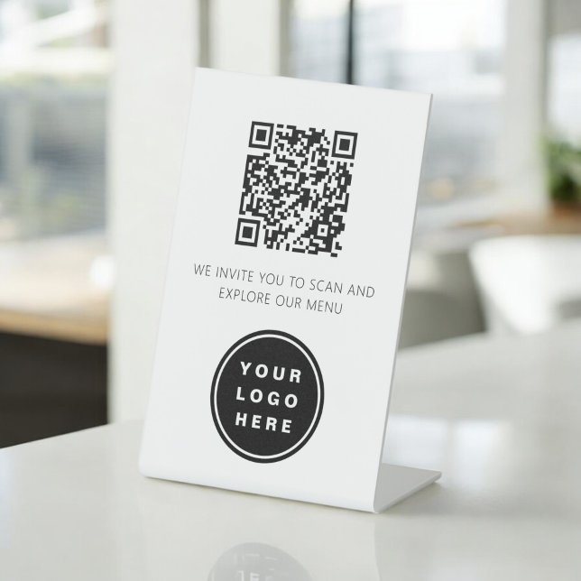 QR Code White Menu Logo Modern Restaurant Pedestal Sign (Creator Uploaded)