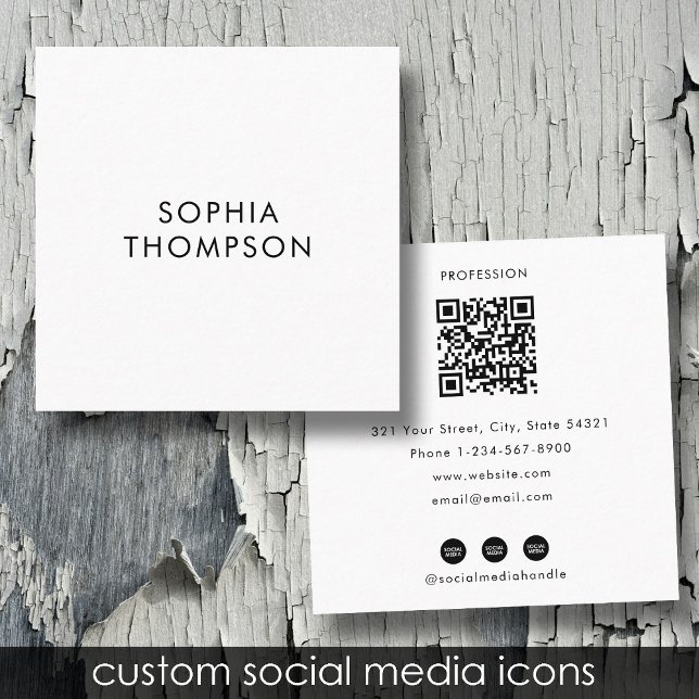 QR Code White Minimalist Social Media Icons Square Business Card (QR Code White Minimalist Social Media Icons Square Business Card)