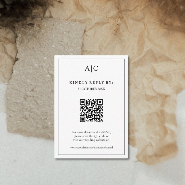 QR Code White Monogram Wedding RSVP Enclosure Card (Creator Uploaded)