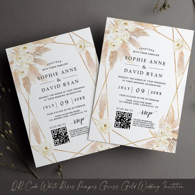 QR Code White Roses Pampas Grass Gold Wedding  Invitation (Creator Uploaded)