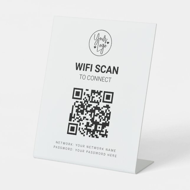 QR Code Wifi Business Scan to Connect White Modern Pedestal Sign (Front)