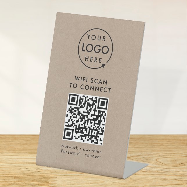 QR Code Wifi | Rustic Kraft Business Logo Internet Pedestal Sign (Creator Uploaded)