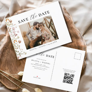 QR Code Wildflower Floral Wedding Announcement Postcard