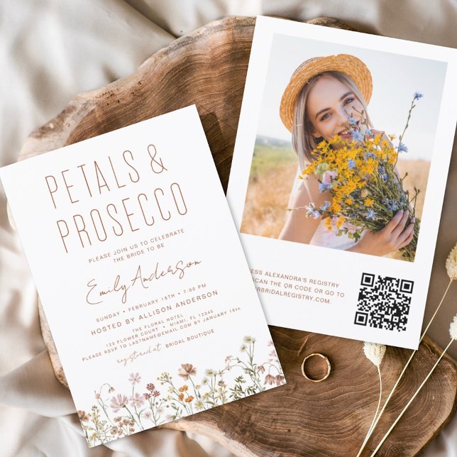 QR Code Wildflower Petals & Prosecco Bridal Shower Flyer (Creator Uploaded)