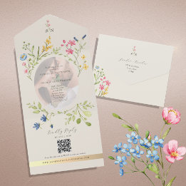 QR Code Wildflower Photo Wedding All In One Invitation