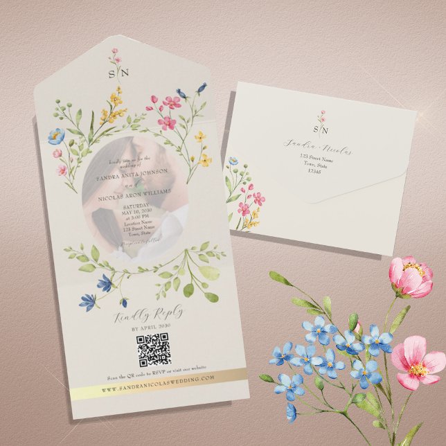 QR Code Wildflower Photo Wedding All In One Invitation (Creator Uploaded)