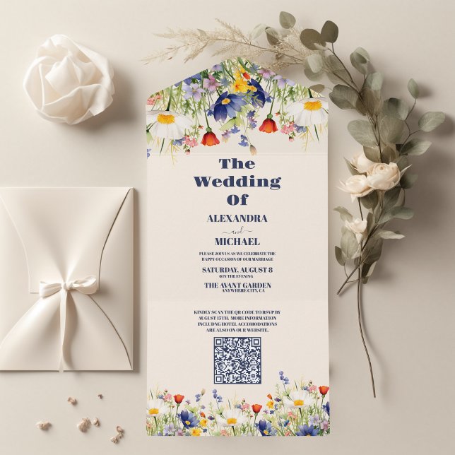 QR Code Wildflower Wedding Rustic Floral All In One Invitation (Creator Uploaded)