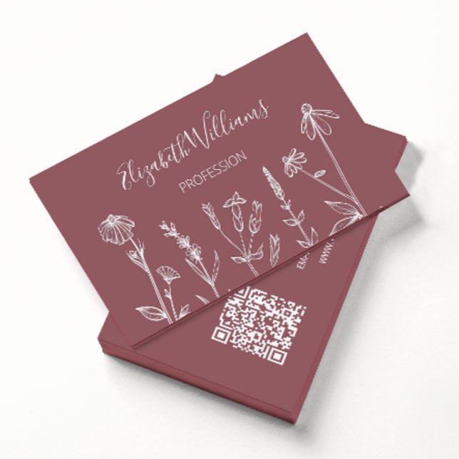 QR Code Wildflowers Dusty Rose Mauve Business Card (Creator Uploaded)