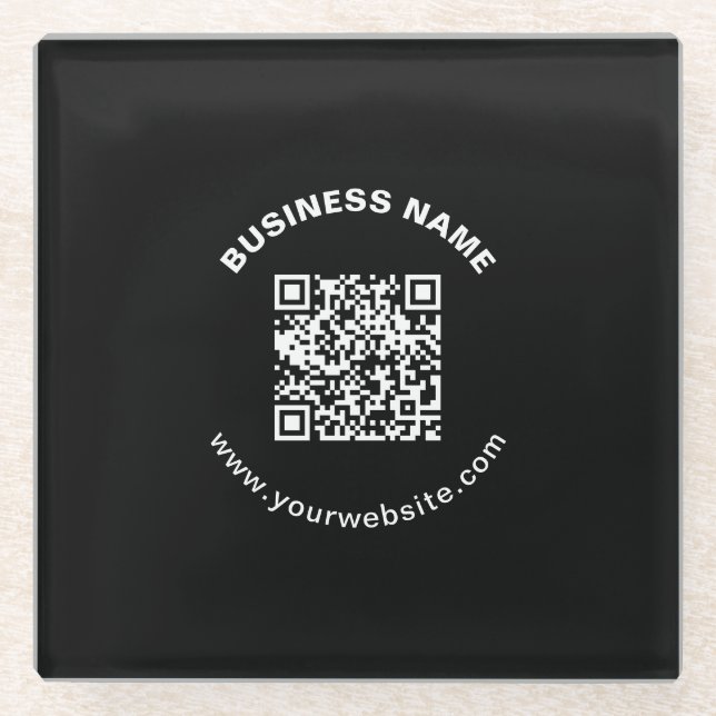 QR Code with Business Name Bold Circular Text Glass Coaster (Front)