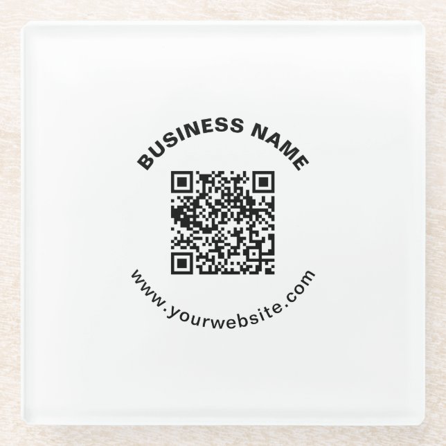QR Code with Business Name Bold Circular Text Glass Coaster (Front)