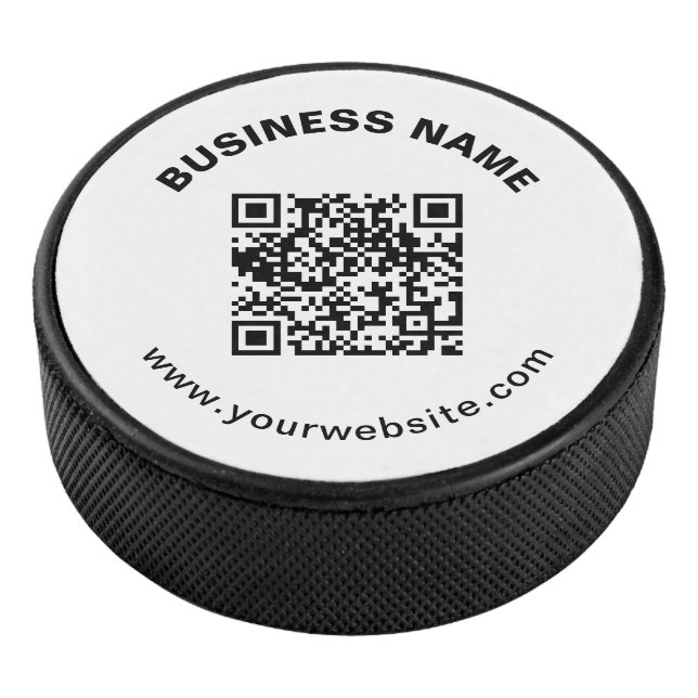QR Code with Business Name Bold Circular Text Hockey Puck (3/4)
