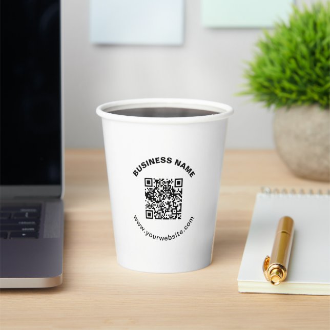 QR Code with Business Name Bold Circular Text Paper Cups (Insitu)