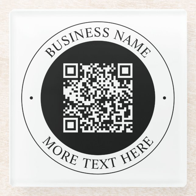 QR Code with Business Name Editable Circular Text Glass Coaster (Front)