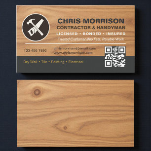 QR Code Wood Contractor Handyman Tools Logo Business Card