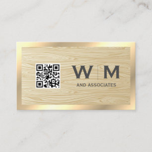 QR Code Wood Grain   Gold Border Business Card