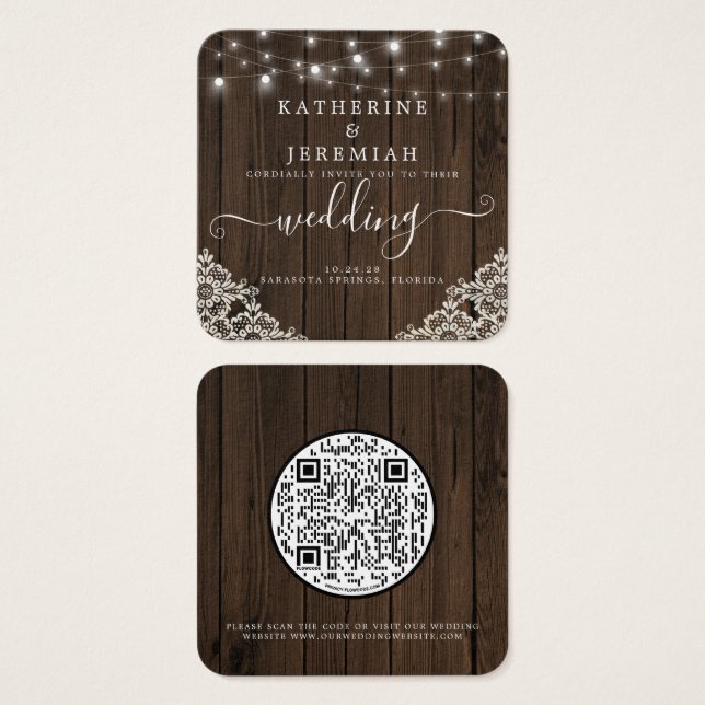 QR Code Wood Lights Lace Wedding Invitation (Front & Back)