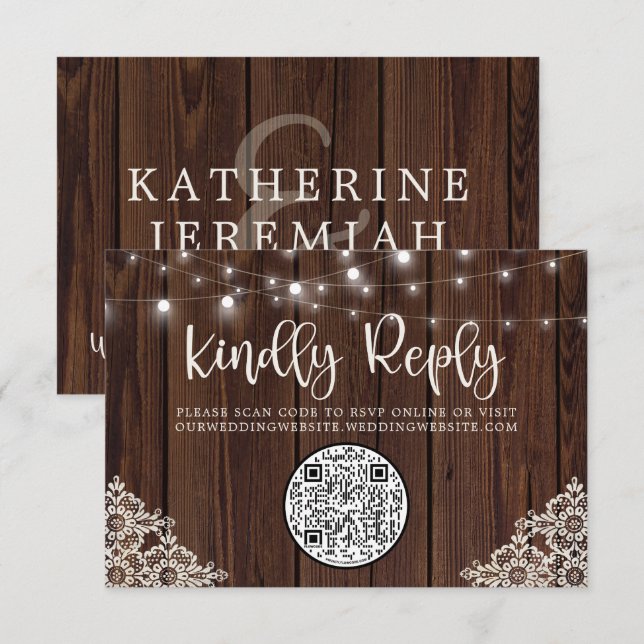 QR Code Wood String Lights Lace Wedding RSVP Card (Front/Back)