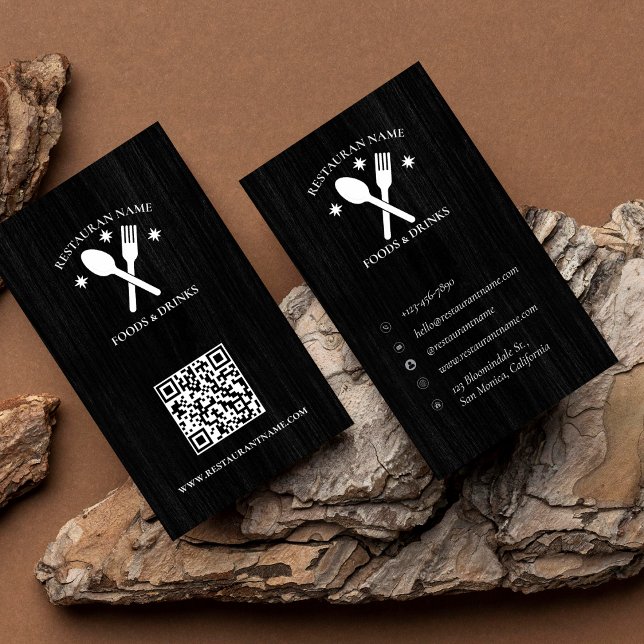 QR Code Wood Textured Restaurant Logo Rustic Business Card (QR Code Wood Textured Restaurant Logo Rustic Business Card)