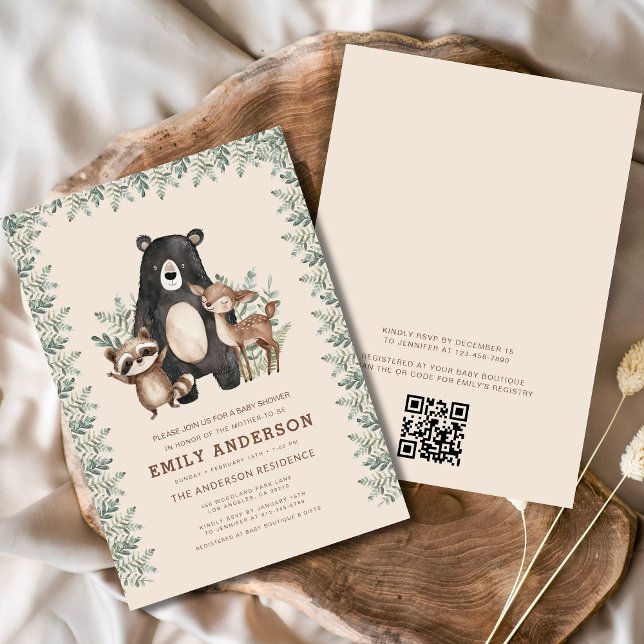 QR Code Woodland Forest Animals Baby Shower Invitation (Creator Uploaded)