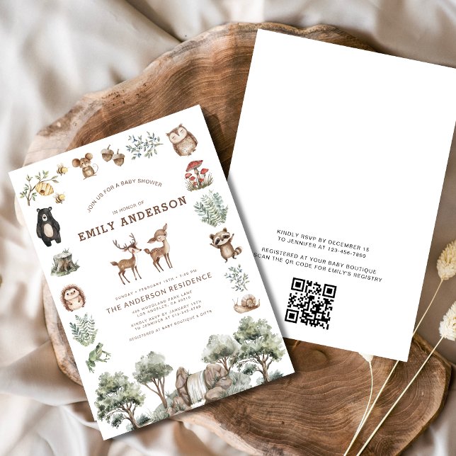 QR Code Woodland Forest Animals Baby Shower Invitation (Creator Uploaded)