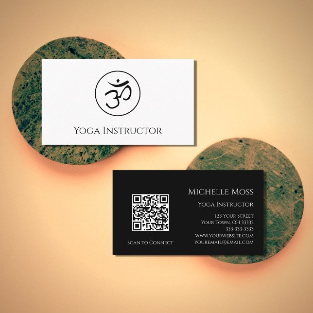 QR code Yoga Instructor Om Symbol Black White  Business Card (Creator Uploaded)