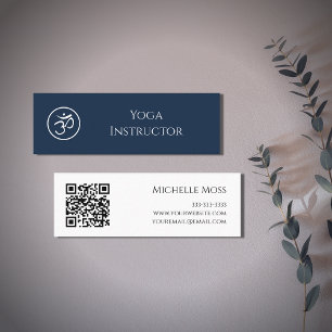 QR code Yoga Instructor Om Symbol Navy Blue Mini Business Card