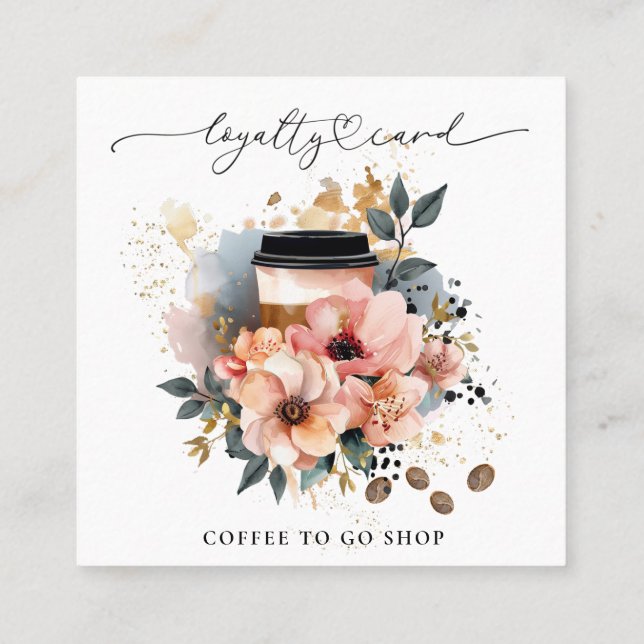 *~* QR Coffee To Go Glitter Heart Rewards Floral Loyalty Card (Back)