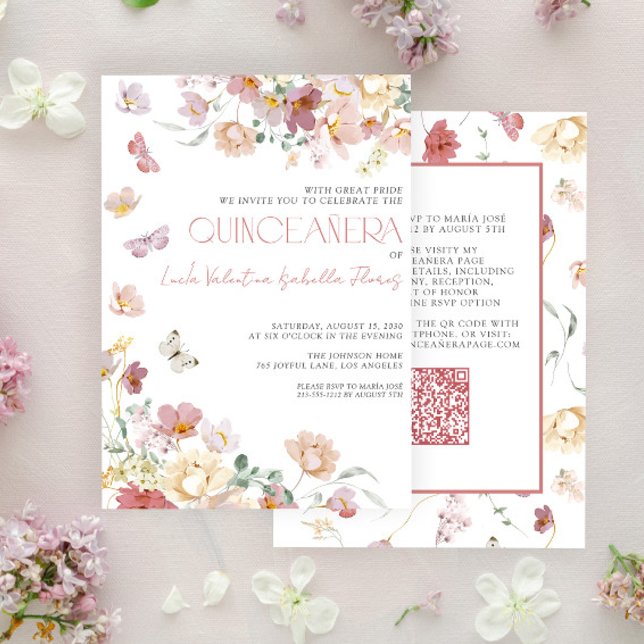 QR Elegant Blush Pink Floral Butterfly Quinceañera Invitation (Creator Uploaded)