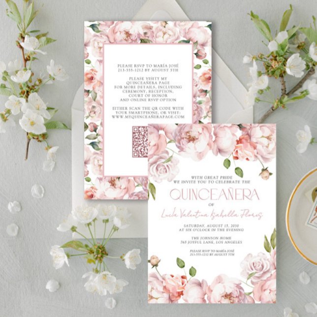 QR Elegant Blush Pink Floral Quinceanera Invitation (Creator Uploaded)