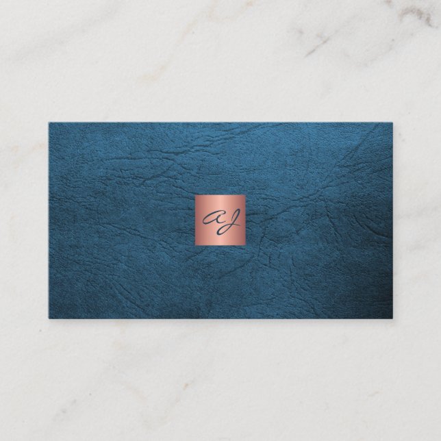 QR elegant luxury blue leather rose gold monogram  Business Card (Front)